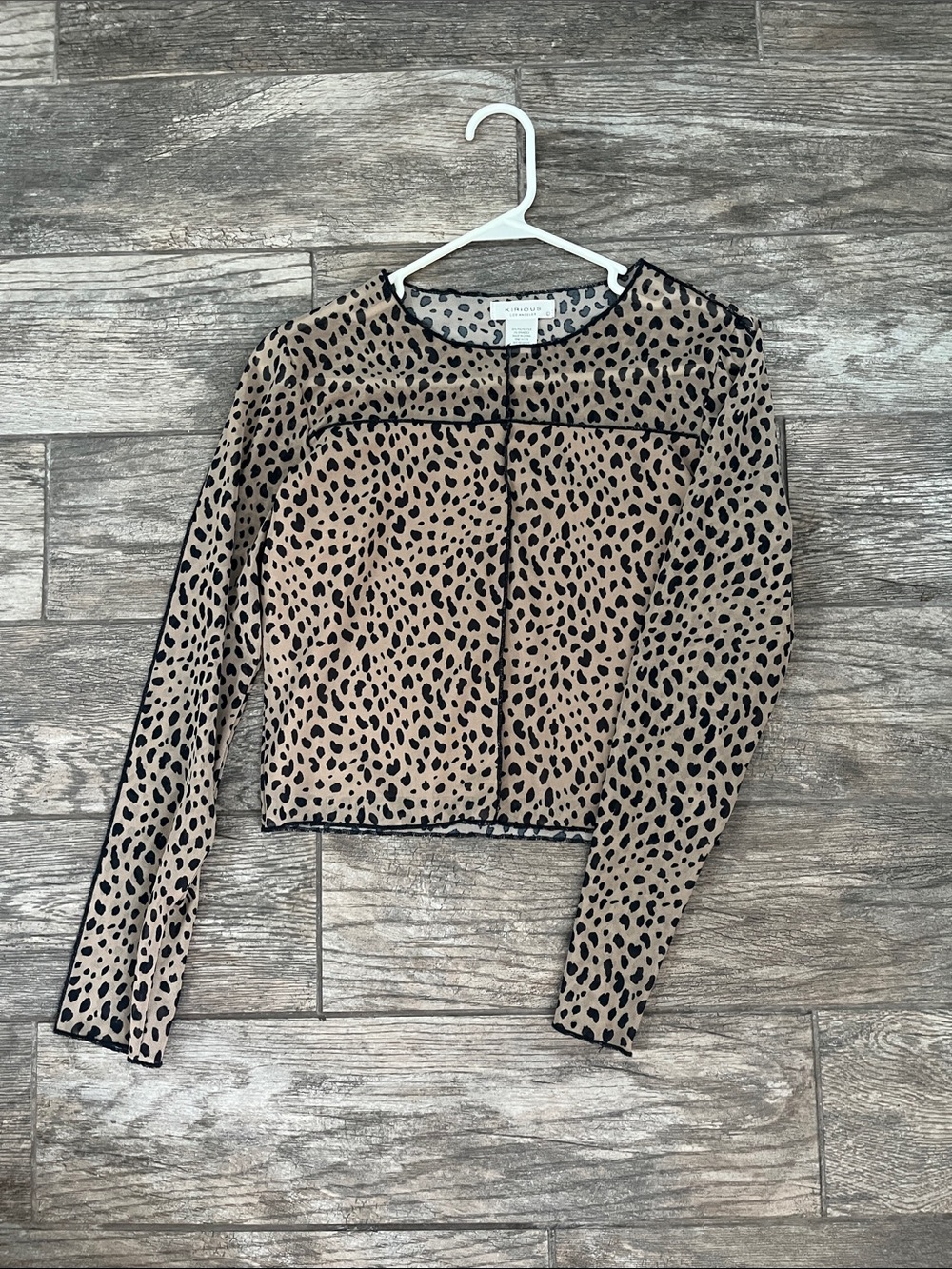 Leopard-Print Sheer Long Sleeve Top - Beige/Black